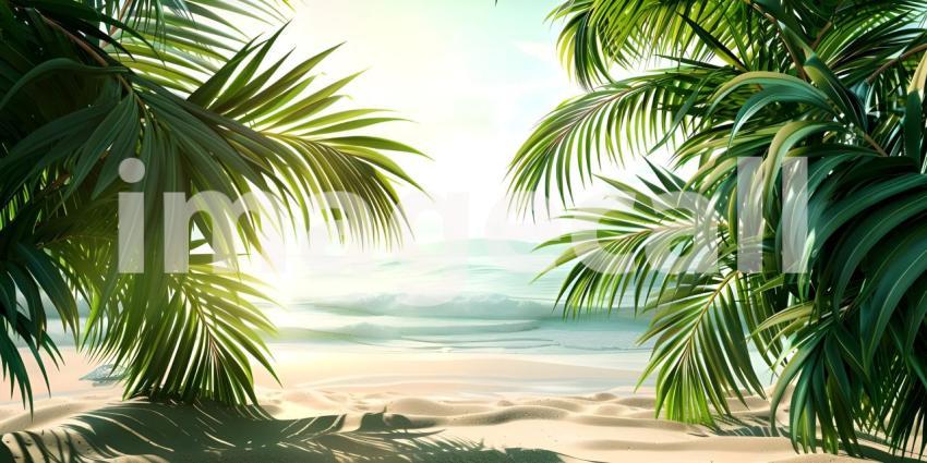 Tropical Beach Paradise: Aerial View of Pristine Turquoise Waters Gently Lapping onto Sandy Shores Framed by Lush Palm Leaves