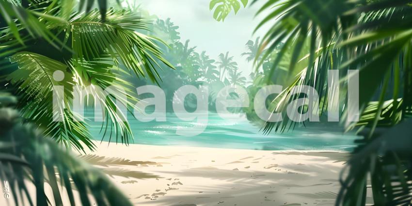 Tropical Beach Paradise: Aerial View of Pristine Turquoise Waters Gently Lapping onto Sandy Shores Framed by Lush Palm Leaves