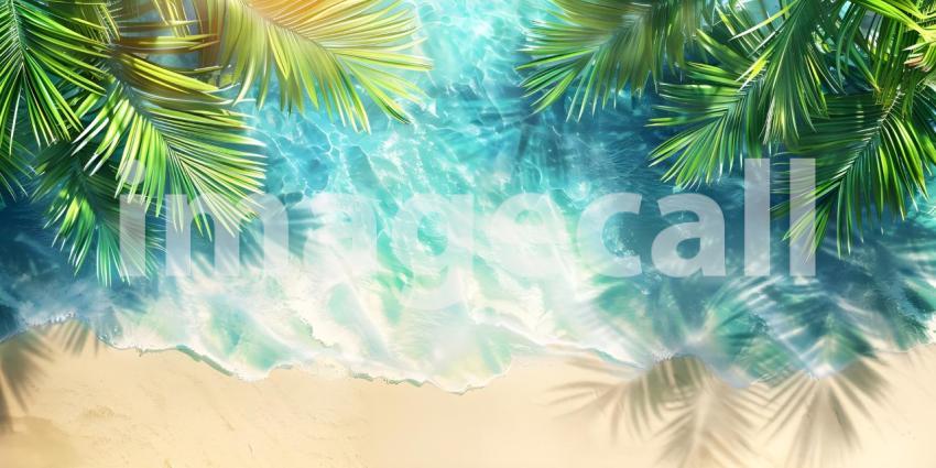 Tropical Beach Paradise: Aerial View of Pristine Turquoise Waters Gently Lapping onto Sandy Shores Framed by Lush Palm Leaves