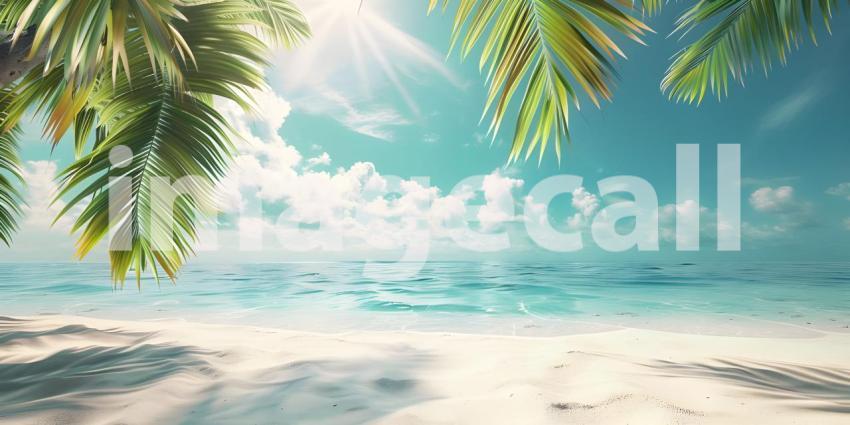 Tropical Beach Paradise: Aerial View of Pristine Turquoise Waters Gently Lapping onto Sandy Shores Framed by Lush Palm Leaves