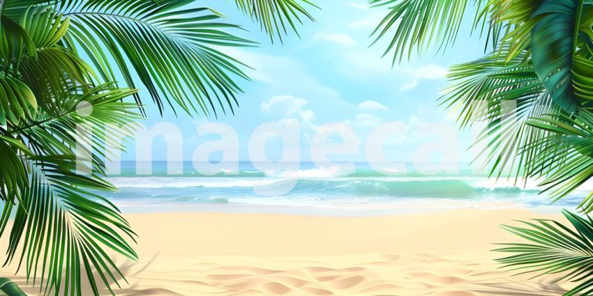 Tropical Beach Paradise: Aerial View of Pristine Turquoise Waters Gently Lapping onto Sandy Shores Framed by Lush Palm Leaves