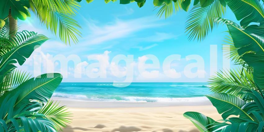 Tropical Beach Paradise: Aerial View of Pristine Turquoise Waters Gently Lapping onto Sandy Shores Framed by Lush Palm Leaves