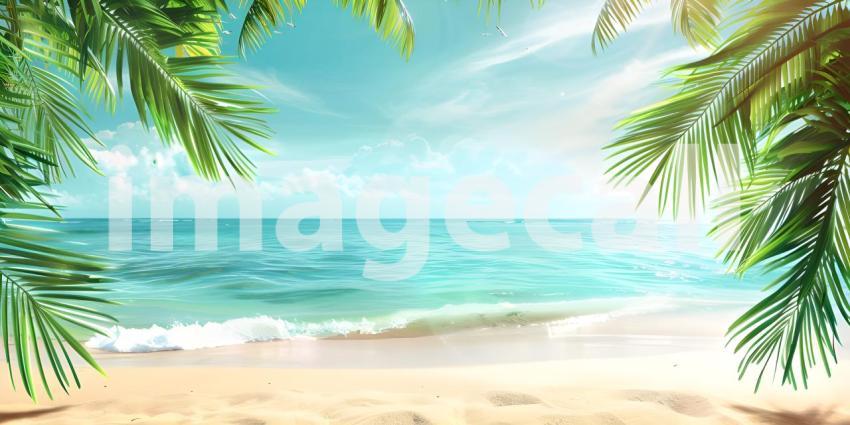 Tropical Beach Paradise: Aerial View of Pristine Turquoise Waters Gently Lapping onto Sandy Shores Framed by Lush Palm Leaves