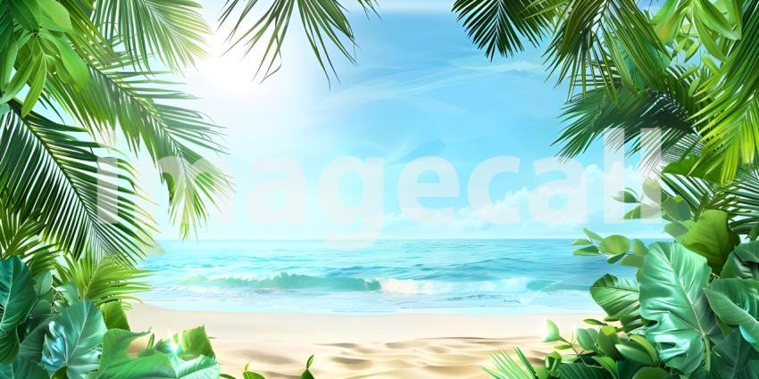Tropical Beach Paradise: Aerial View of Pristine Turquoise Waters Gently Lapping onto Sandy Shores Framed by Lush Palm Leaves