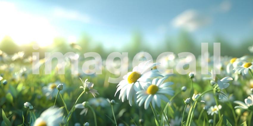 Field of Daisies: A Dreamy Display of White Petals and Yellow Centers Bathed in Soft Sunlight