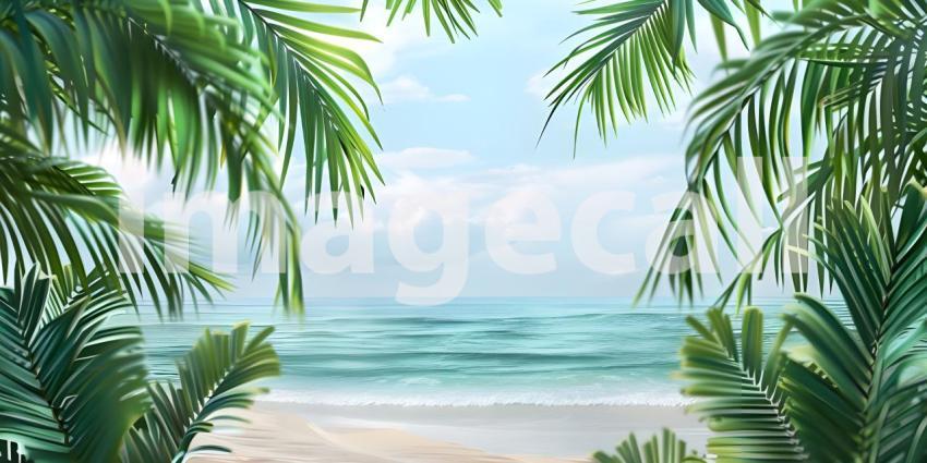 Tropical Beach Paradise: Aerial View of Pristine Turquoise Waters Gently Lapping onto Sandy Shores Framed by Lush Palm Leaves