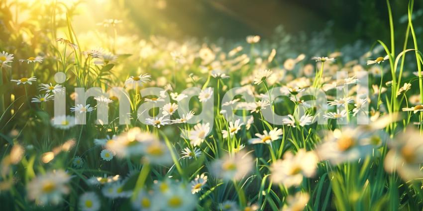 Field of Daisies: A Dreamy Display of White Petals and Yellow Centers Bathed in Soft Sunlight