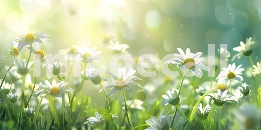 Field of Daisies: A Dreamy Display of White Petals and Yellow Centers Bathed in Soft Sunlight