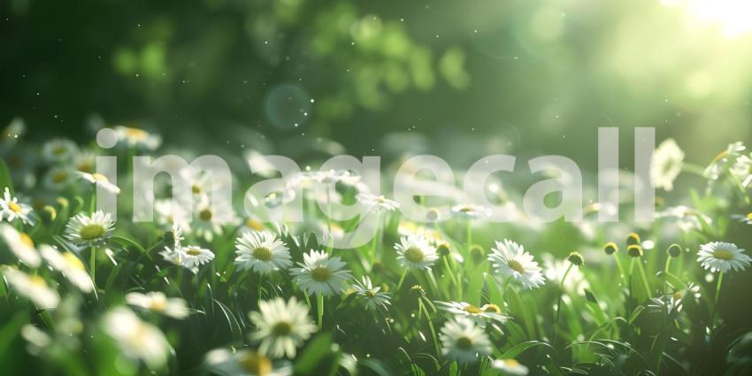 Field of Daisies: A Dreamy Display of White Petals and Yellow Centers Bathed in Soft Sunlight
