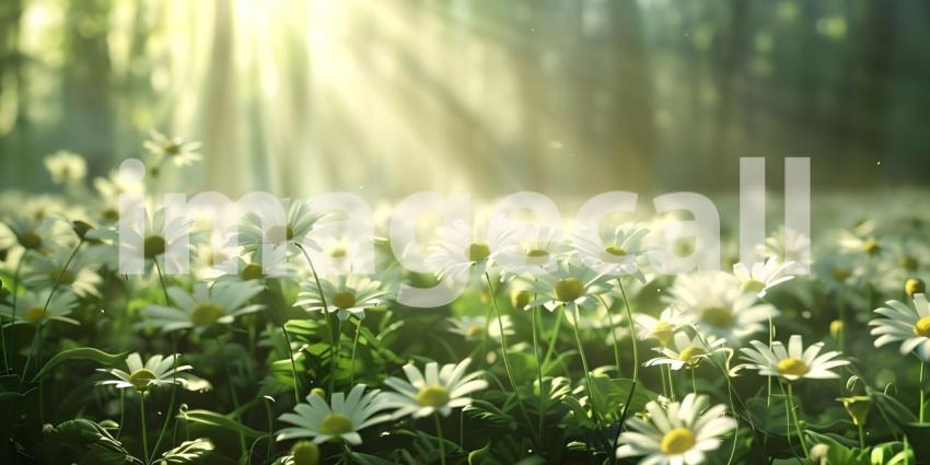 Field of Daisies: A Dreamy Display of White Petals and Yellow Centers Bathed in Soft Sunlight