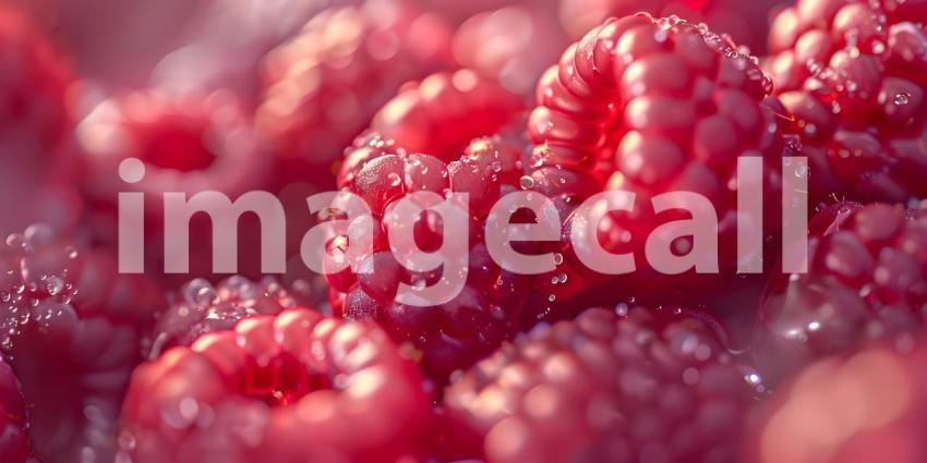 Close-Up of Fresh Raspberries: Detailed View of Vibrant Red Drupelets with Tiny Hairs and Moisture Droplets