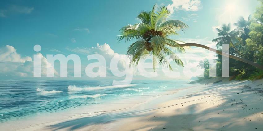 Serene Tropical Beach: A Clear Blue Sky Over a Calm Ocean with Gentle Waves, Sandy Shore, and Tall Palm Tree Extending Over the Beach