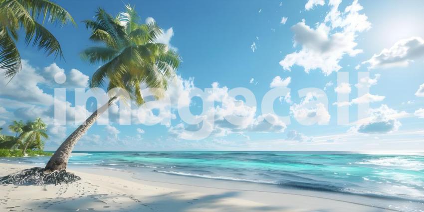 Serene Tropical Beach: A Clear Blue Sky Over a Calm Ocean with Gentle Waves, Sandy Shore, and Tall Palm Tree Extending Over the Beach