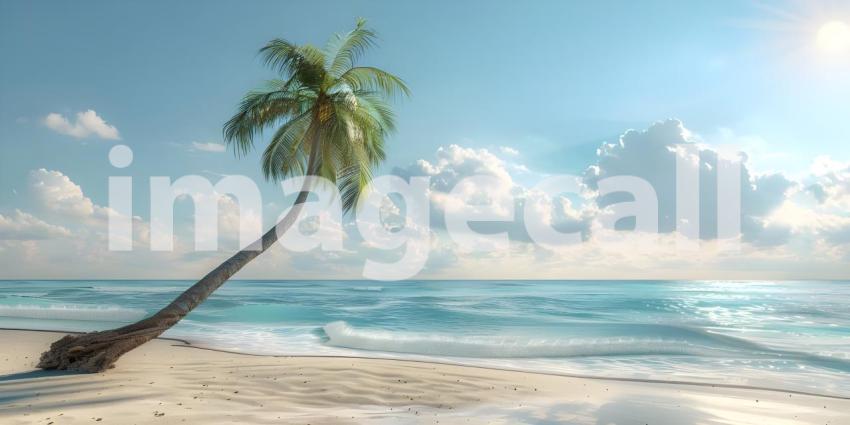 Serene Tropical Beach: A Clear Blue Sky Over a Calm Ocean with Gentle Waves, Sandy Shore, and Tall Palm Tree Extending Over the Beach