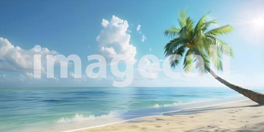 Serene Tropical Beach: A Clear Blue Sky Over a Calm Ocean with Gentle Waves, Sandy Shore, and Tall Palm Tree Extending Over the Beach