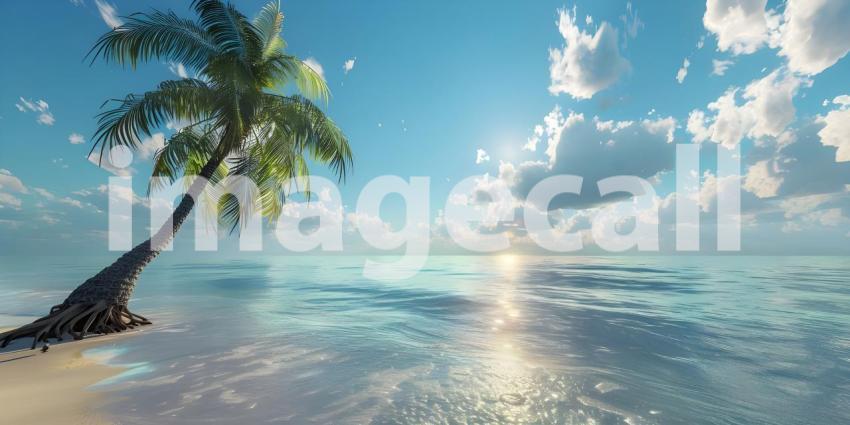 Serene Tropical Beach: A Clear Blue Sky Over a Calm Ocean with Gentle Waves, Sandy Shore, and Tall Palm Tree Extending Over the Beach