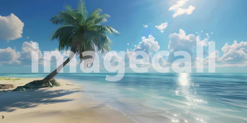 Serene Tropical Beach: A Clear Blue Sky Over a Calm Ocean with Gentle Waves, Sandy Shore, and Tall Palm Tree Extending Over the Beach