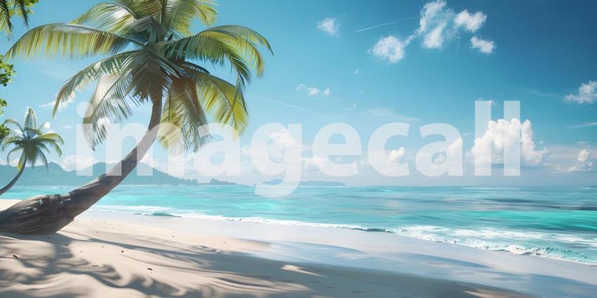 Serene Tropical Beach: A Clear Blue Sky Over a Calm Ocean with Gentle Waves, Sandy Shore, and Tall Palm Tree Extending Over the Beach