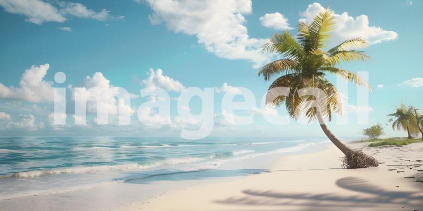 Serene Tropical Beach: A Clear Blue Sky Over a Calm Ocean with Gentle Waves, Sandy Shore, and Tall Palm Tree Extending Over the Beach