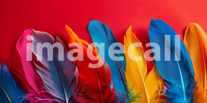 Colorful Feathers: A Striking Display of Pink, Orange, Red, and Blue Against a Solid Blue Background