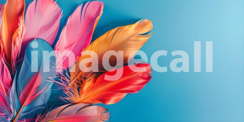 Colorful Feathers: A Striking Display of Pink, Orange, Red, and Blue Against a Solid Blue Background