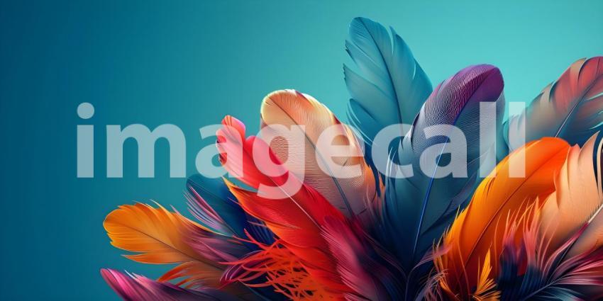 Colorful Feathers: A Striking Display of Pink, Orange, Red, and Blue Against a Solid Blue Background