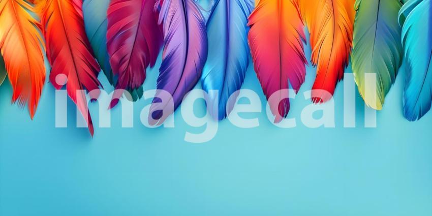Colorful Feathers: A Striking Display of Pink, Orange, Red, and Blue Against a Solid Blue Background