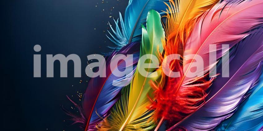 Colorful Feathers: A Striking Display of Pink, Orange, Red, and Blue Against a Solid Blue Background