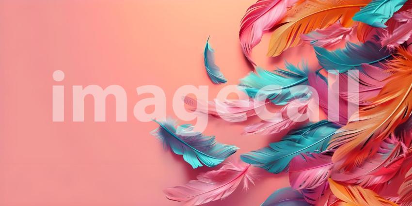 Colorful Feathers: A Striking Display of Pink, Orange, Red, and Blue Against a Solid Blue Background