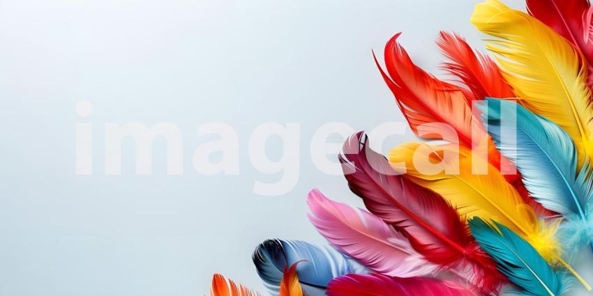 Colorful Feathers: A Striking Display of Pink, Orange, Red, and Blue Against a Solid Blue Background