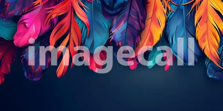 Colorful Feathers: A Striking Display of Pink, Orange, Red, and Blue Against a Solid Blue Background