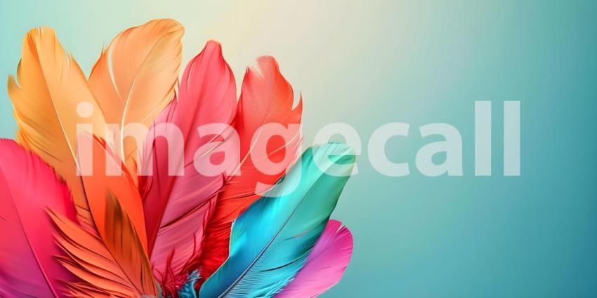 Colorful Feathers: A Striking Display of Pink, Orange, Red, and Blue Against a Solid Blue Background