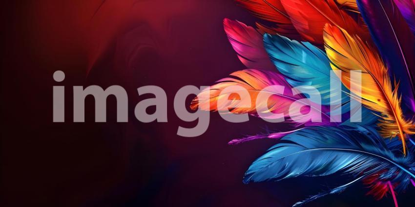Colorful Feathers: A Striking Display of Pink, Orange, Red, and Blue Against a Solid Blue Background
