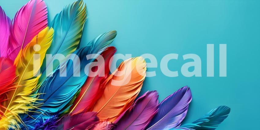 Colorful Feathers: A Striking Display of Pink, Orange, Red, and Blue Against a Solid Blue Background