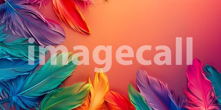 Colorful Feathers: A Striking Display of Pink, Orange, Red, and Blue Against a Solid Blue Background