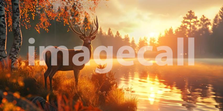 Sunset Serenity: Majestic Deer by the Lakeside Amidst Autumn Foliage and Misty Forest Reflections