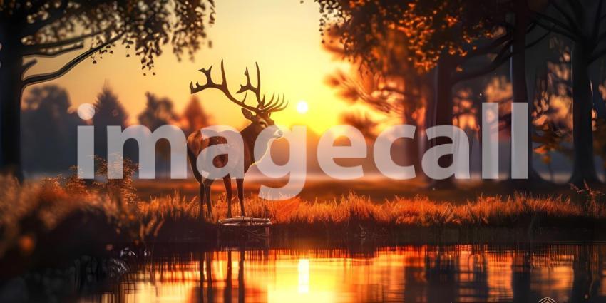 Sunset Serenity: Majestic Deer by the Lakeside Amidst Autumn Foliage and Misty Forest Reflections