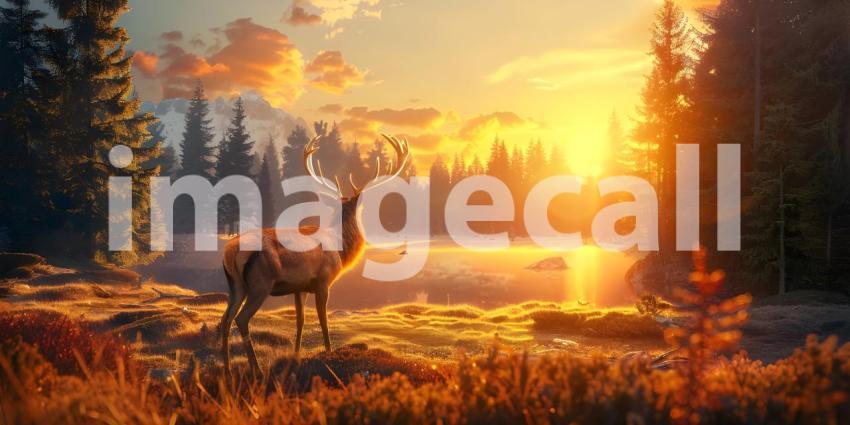 Sunset Serenity: Majestic Deer by the Lakeside Amidst Autumn Foliage and Misty Forest Reflections