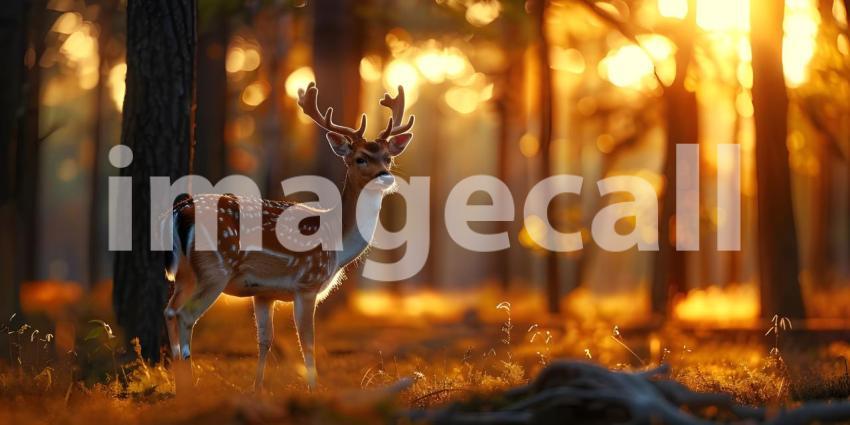 Sunset Serenity: Majestic Deer by the Lakeside Amidst Autumn Foliage and Misty Forest Reflections