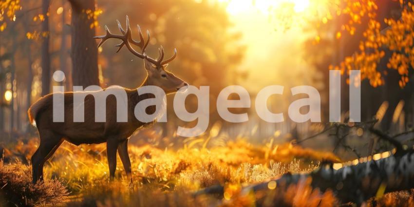 Sunset Serenity: Majestic Deer by the Lakeside Amidst Autumn Foliage and Misty Forest Reflections