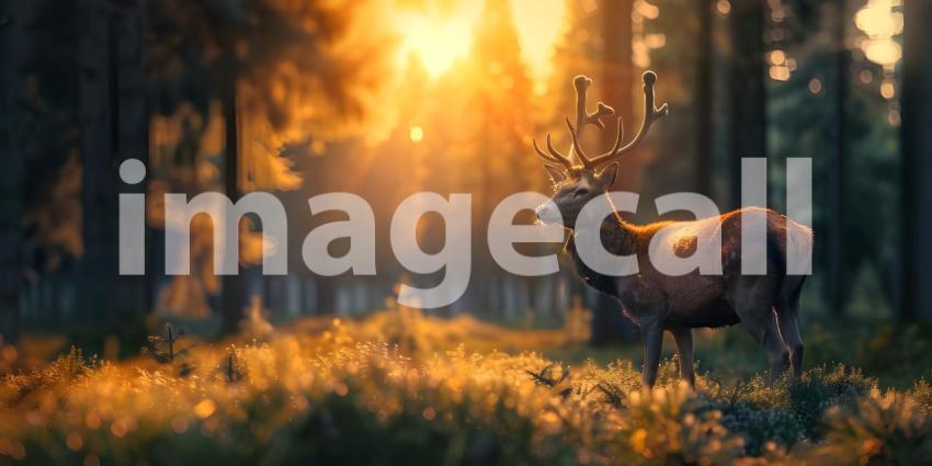 Sunset Serenity: Majestic Deer by the Lakeside Amidst Autumn Foliage and Misty Forest Reflections