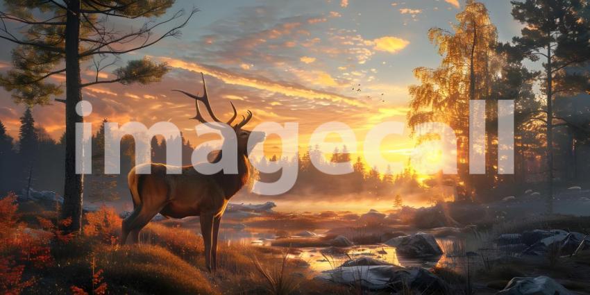 Sunset Serenity: Majestic Deer by the Lakeside Amidst Autumn Foliage and Misty Forest Reflections