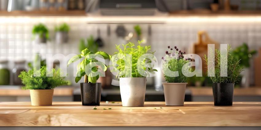 Fresh and Vibrant Kitchen Setting: A Countertop with Potted Herbs, Lemons on a Wooden Cutting Board, and a Glass Jar of Dried Herbs or Spices