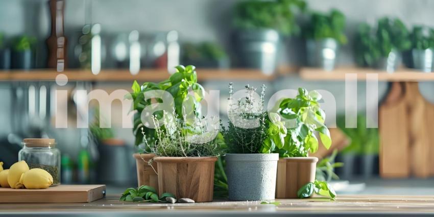 Fresh and Vibrant Kitchen Setting: A Countertop with Potted Herbs, Lemons on a Wooden Cutting Board, and a Glass Jar of Dried Herbs or Spices