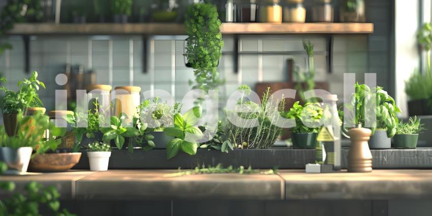 Fresh and Vibrant Kitchen Setting: A Countertop with Potted Herbs, Lemons on a Wooden Cutting Board, and a Glass Jar of Dried Herbs or Spices