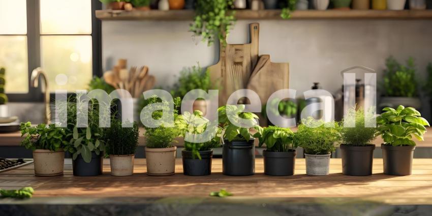 Fresh and Vibrant Kitchen Setting: A Countertop with Potted Herbs, Lemons on a Wooden Cutting Board, and a Glass Jar of Dried Herbs or Spices