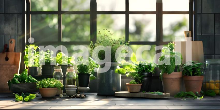 Fresh and Vibrant Kitchen Setting: A Countertop with Potted Herbs, Lemons on a Wooden Cutting Board, and a Glass Jar of Dried Herbs or Spices