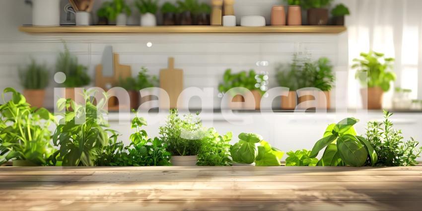 Fresh and Vibrant Kitchen Setting: A Countertop with Potted Herbs, Lemons on a Wooden Cutting Board, and a Glass Jar of Dried Herbs or Spices