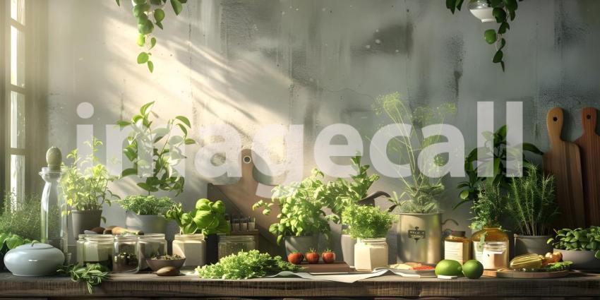 Fresh and Vibrant Kitchen Setting: A Countertop with Potted Herbs, Lemons on a Wooden Cutting Board, and a Glass Jar of Dried Herbs or Spices