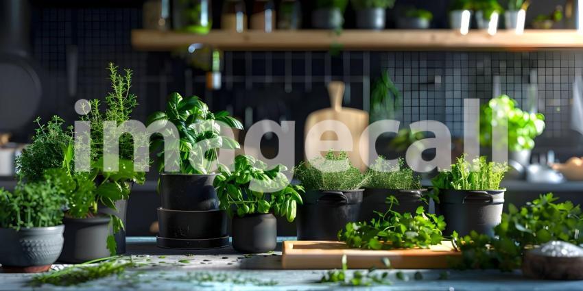Fresh and Vibrant Kitchen Setting: A Countertop with Potted Herbs, Lemons on a Wooden Cutting Board, and a Glass Jar of Dried Herbs or Spices